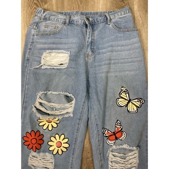 Shein Curve Pants Distressed Denim‎ Blue Ripped Knees Flower Butterfly Pockets - Picture 5 of 9